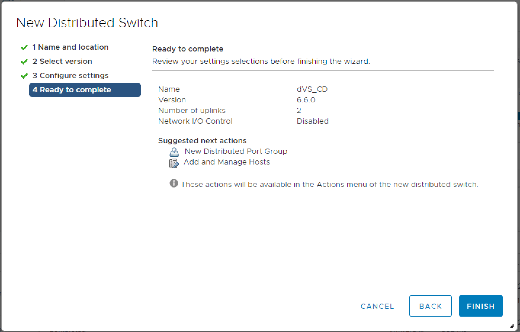 Завершение мастера создания распределенного коммутатора