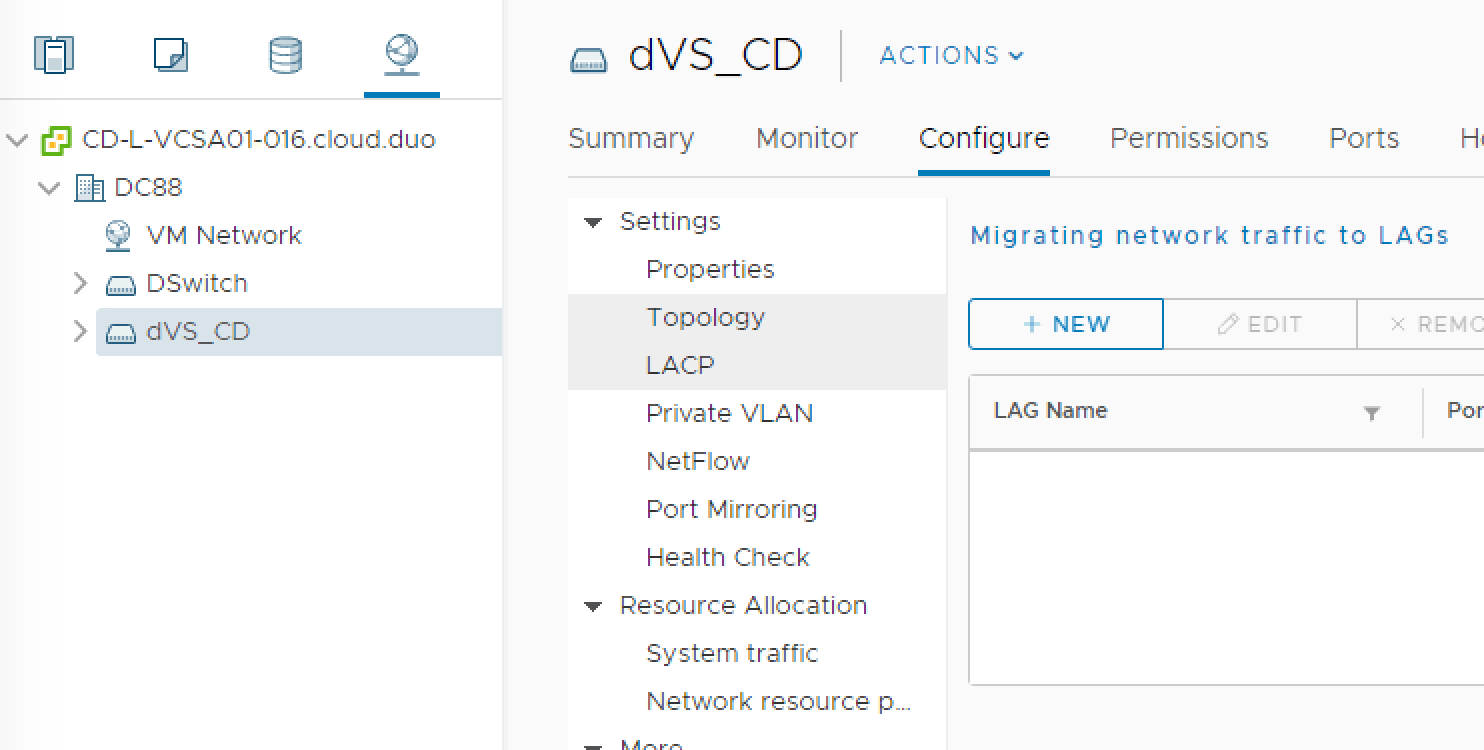 Создание группы LACP на dVS