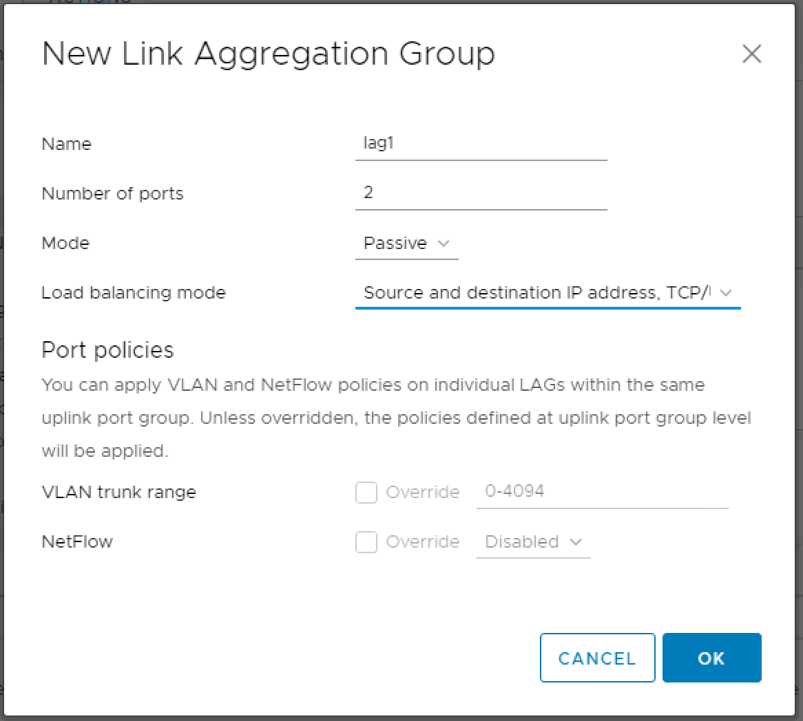 Настройки группы LACP