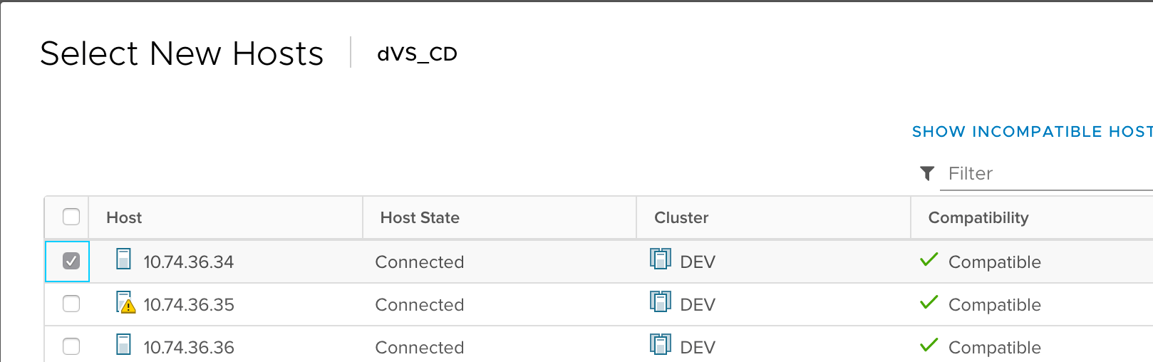 Выберите соответствующие хосты для добавления в dVS